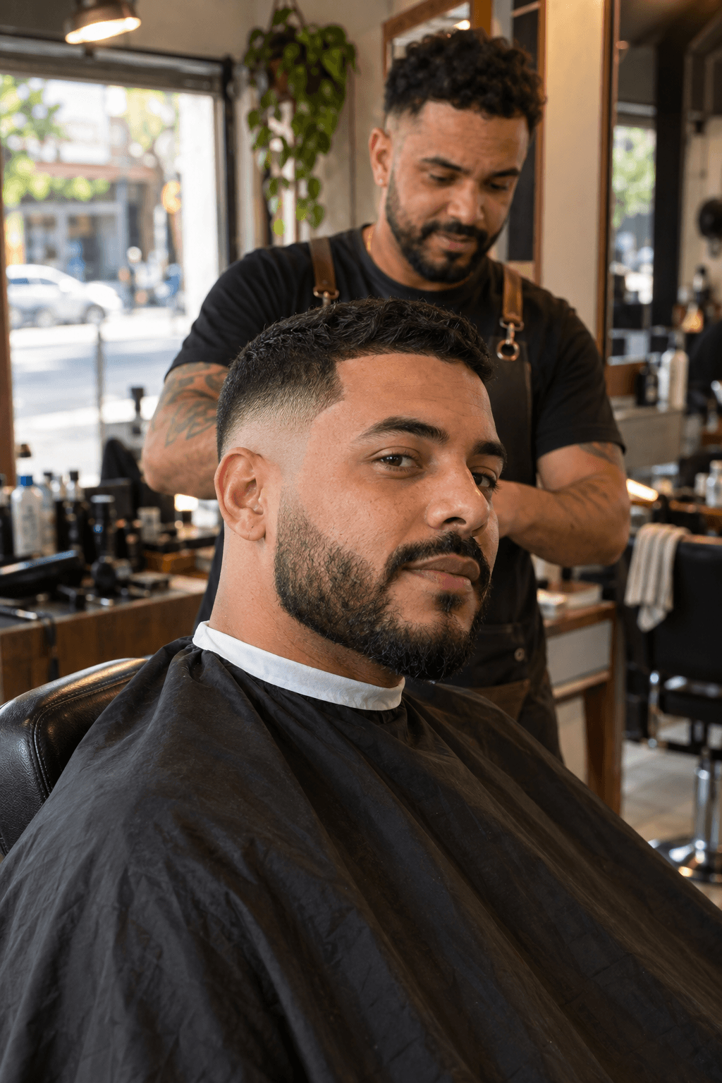 Cliente com corte degradê em uma barbearia